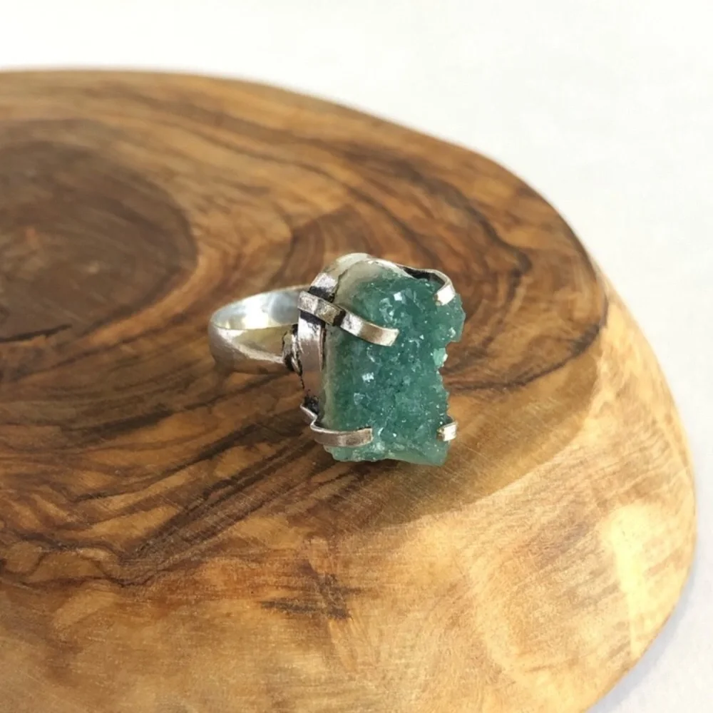 Green Druzy Silver Plated Ring